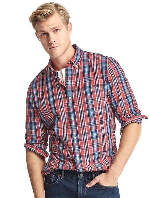 Gap Men True Wash Plaid Slim Fit Shirt - Weathered Red