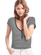Gap Women Stripe Short Sleeve Henley - Black Stripe
