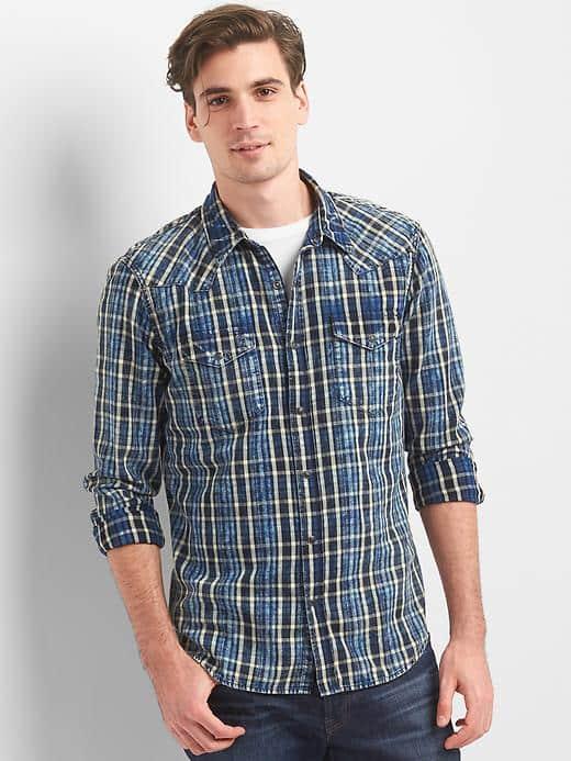 Gap Men Western Plaid Slim Fit Shirt - Black/blue Plaid