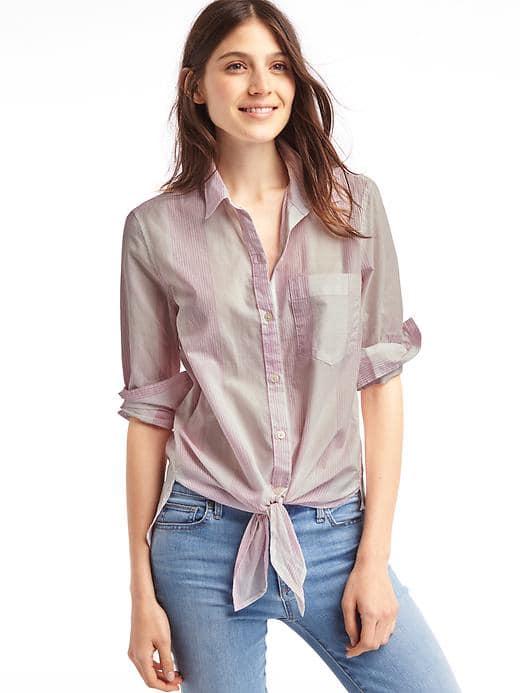 Gap Women Tie Front Print Shirt - Pink Plaid