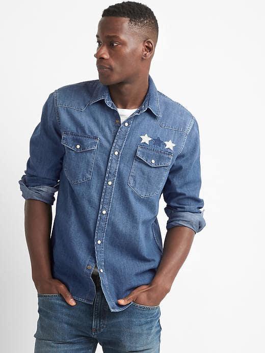 Gap Men Americana Denim Western Slim Fit Shirt - Medium Indigo