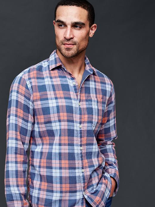 Gap Men Double Layer Checkered Plaid Standard Fit Shirt - Neon Orange