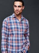 Gap Men Double Layer Checkered Plaid Standard Fit Shirt - Neon Orange