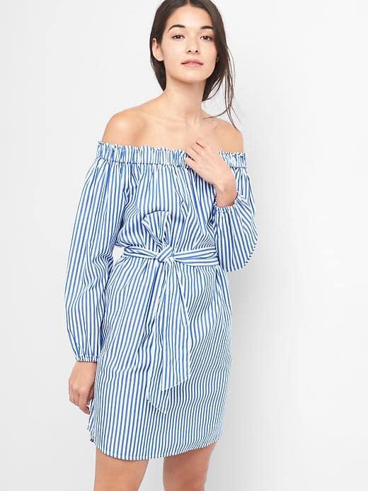 Gap Women Stripe Off Shoulder Dress - Blue & White Stripe