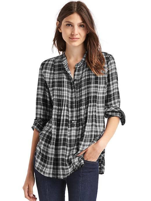 Gap Women Plaid Pintuck Long Sleeve Shirt - Black Plaid