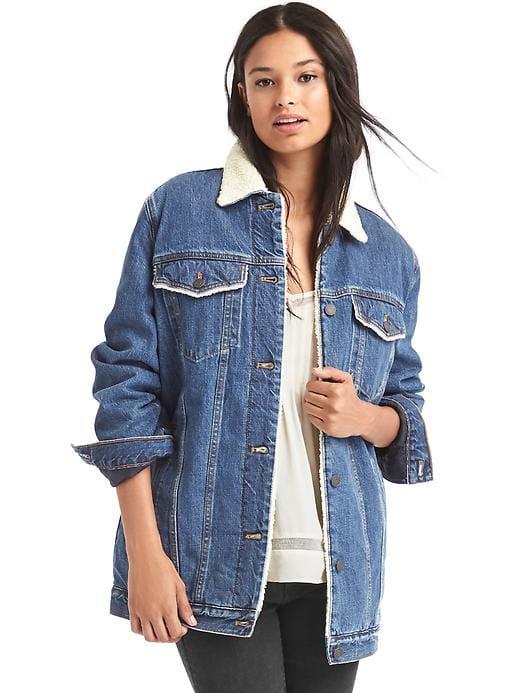 Gap Women 1969 Icon Long Sherpa Lined Denim Jacket - Dark Indigo