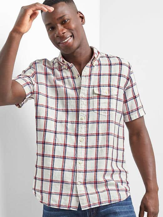 Gap Men Linen Cotton Plaid Short Sleeve Shirt - Navy/red Plaid