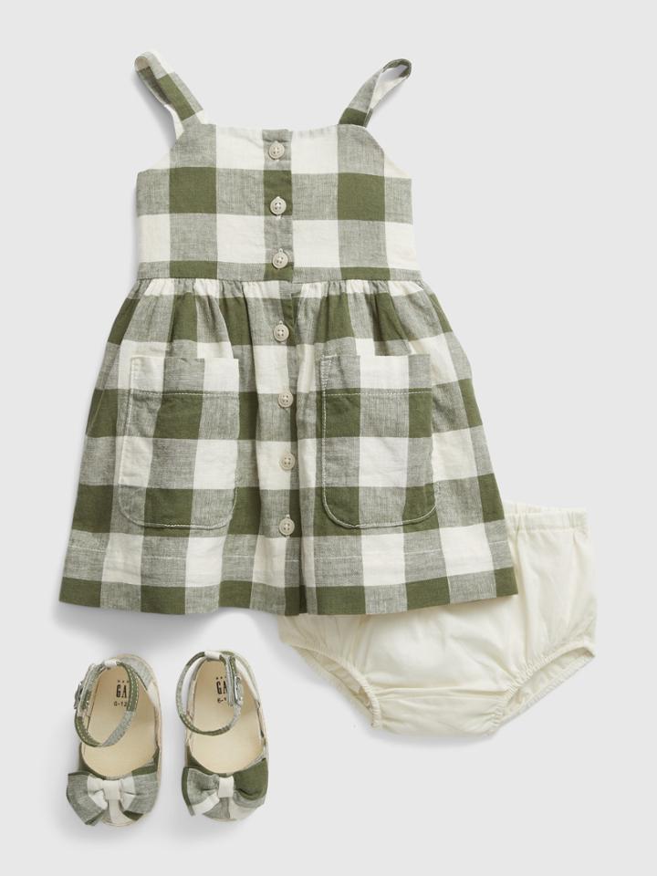 Baby Linen-cotton Plaid Dress And Shoe Set