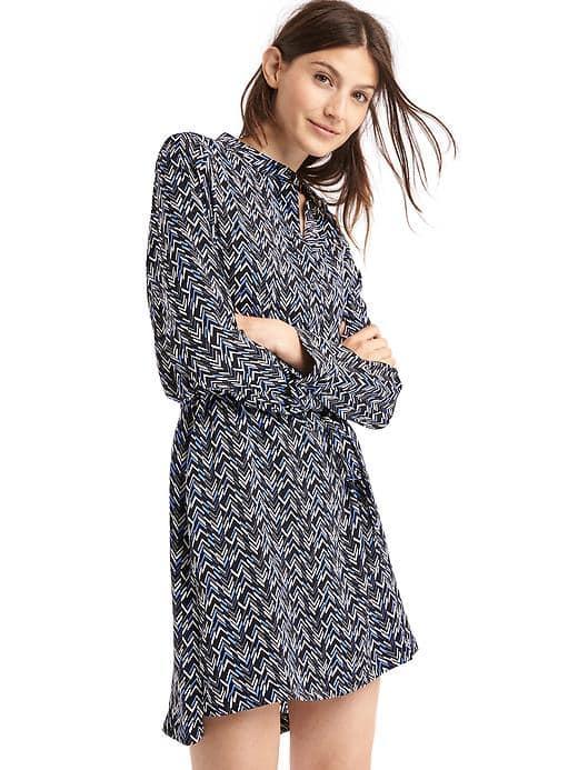 Gap Women Printed Tie Belt Long Sleeve Shirtdress - Blue Print