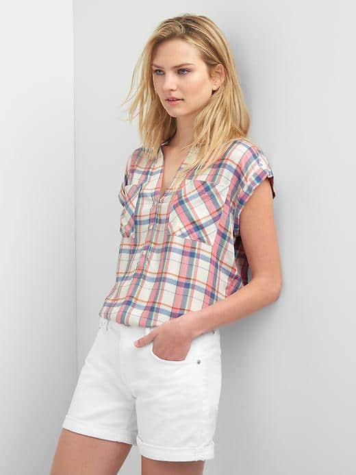 Gap Women Plaid Popover Shirt - Pink & White Plaid