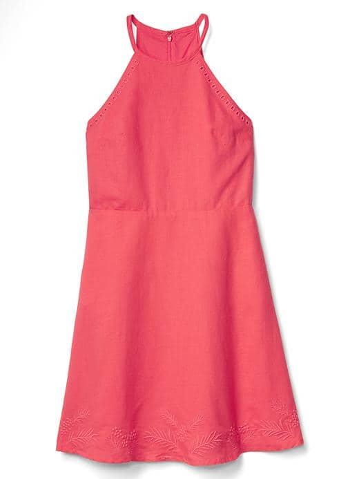 Gap Women Linen Cotton Embroidery Fit & Flare Dress - Fresh Coral
