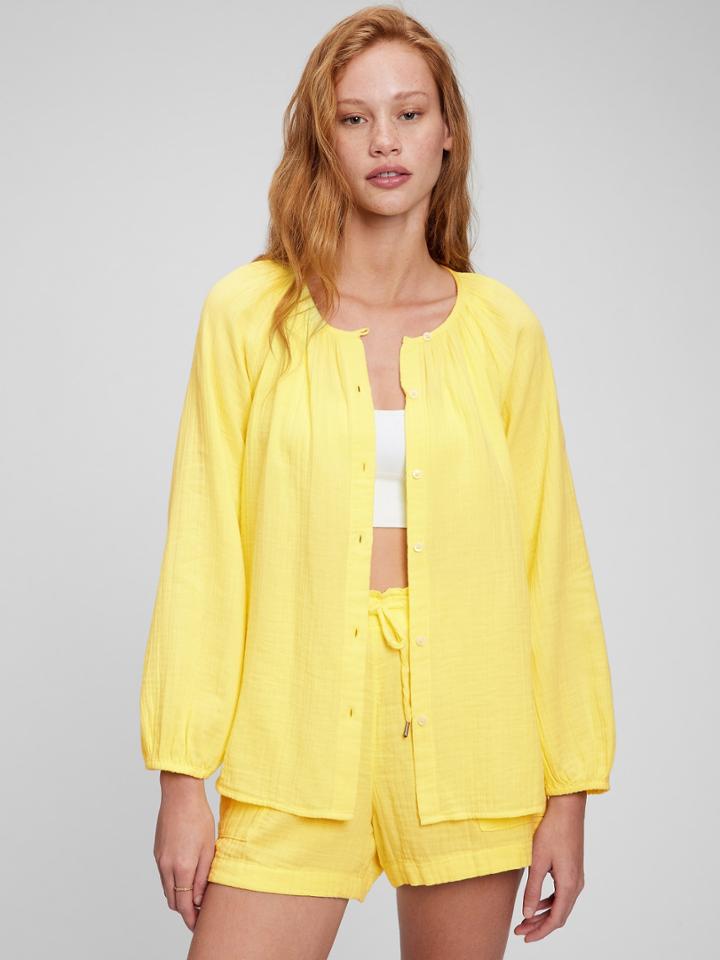 Crinkle Gauze Boatneck Button-front Top