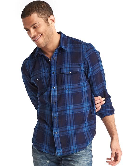 Gap Men 1969 Denim Plaid Slim Fit Western Shirt - Dark Indigo Plaid