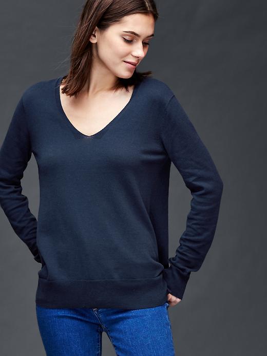 Gap Women Marled V Neck Sweater - New Classic Navy