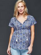 Gap Ikat Split Neck Tassel Top - Ikat Blue