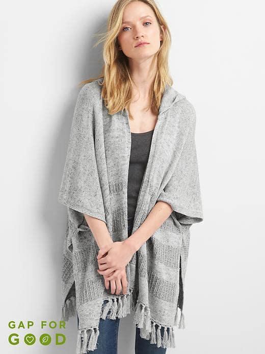 Gap Women Fringe Hooded Poncho - Light Heather Grey