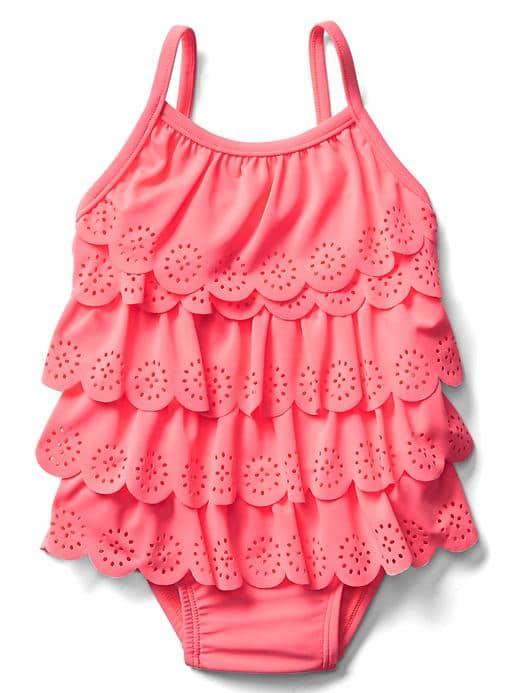 Gap Eyelet Ruffle Swim One Piece - Neon Blazing Pink