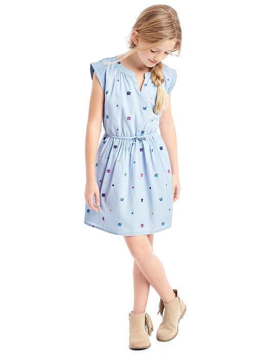 Gap Butterfly Embroidery Split Neck Dress - Ticking Stripe