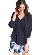 Gap Women Drapey Split Neck Tassle Top - Dark Indigo