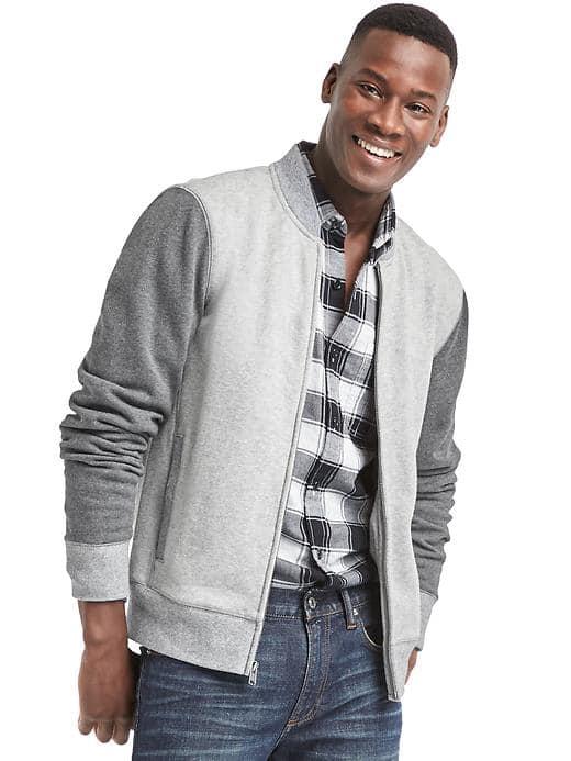 Gap Men Fleece Colorblock Varsity Zip Bomber - Charcoal Gray