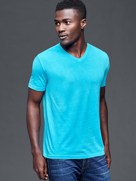 Gap Men Vintage Wash V Neck T Shirt - Blue Caribbean