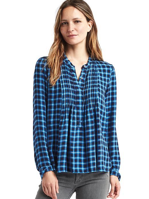 Gap Women Plaid Pintuck Popover - Light Blue Check