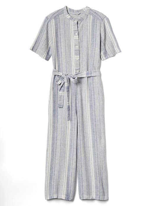 Gap Women Linen Stripe Henley Jumpsuit - Blue & White Stripe