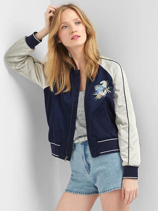 Gap Women Floral Embroidery Bomber Jacket - Blue
