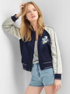 Gap Women Floral Embroidery Bomber Jacket - Blue