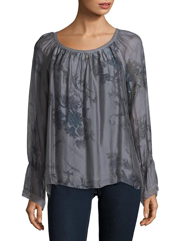 Le Marais Long Sleeves Floral Silk Denim Blouse