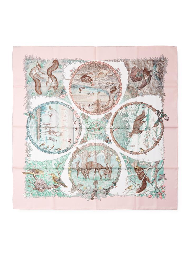 Vintage Herms Pink Les Quatre Saisons Silk Scarf, 35 X 35