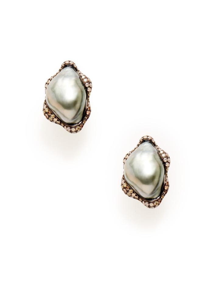 Tara Pearls Black Tahitian Baroque Pearl & Champagne Diamond Earrings