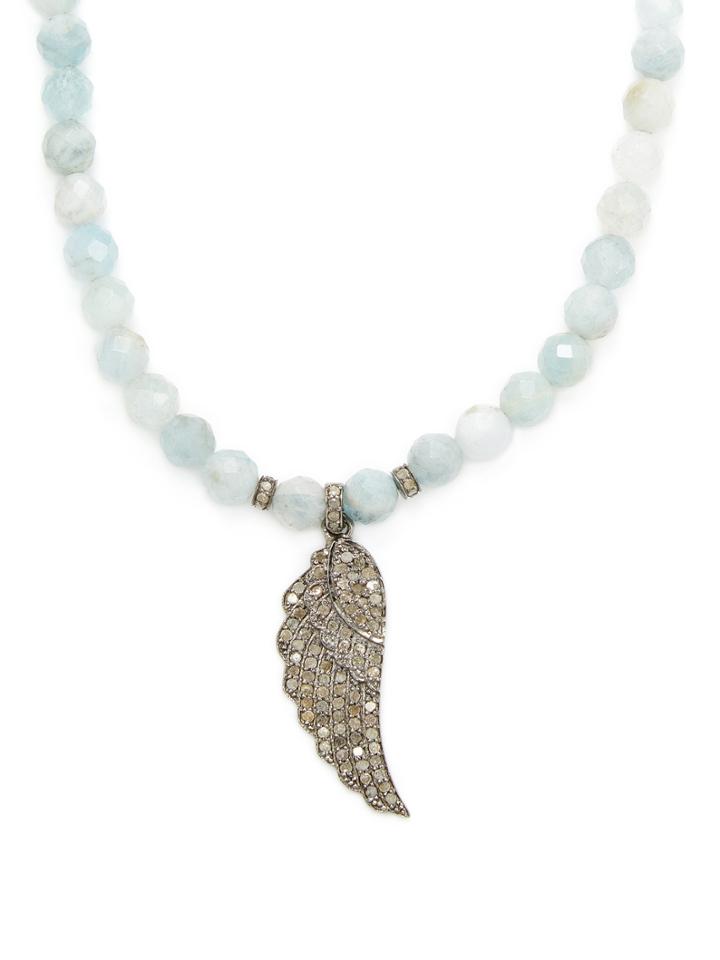 Bavna Aquamarine Bead & Diamond Wing Pendant Necklace