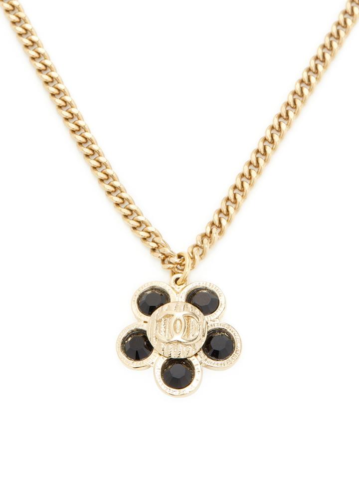 Vintage Chanel Double C Logo Black Petals Flower Pendant Necklace