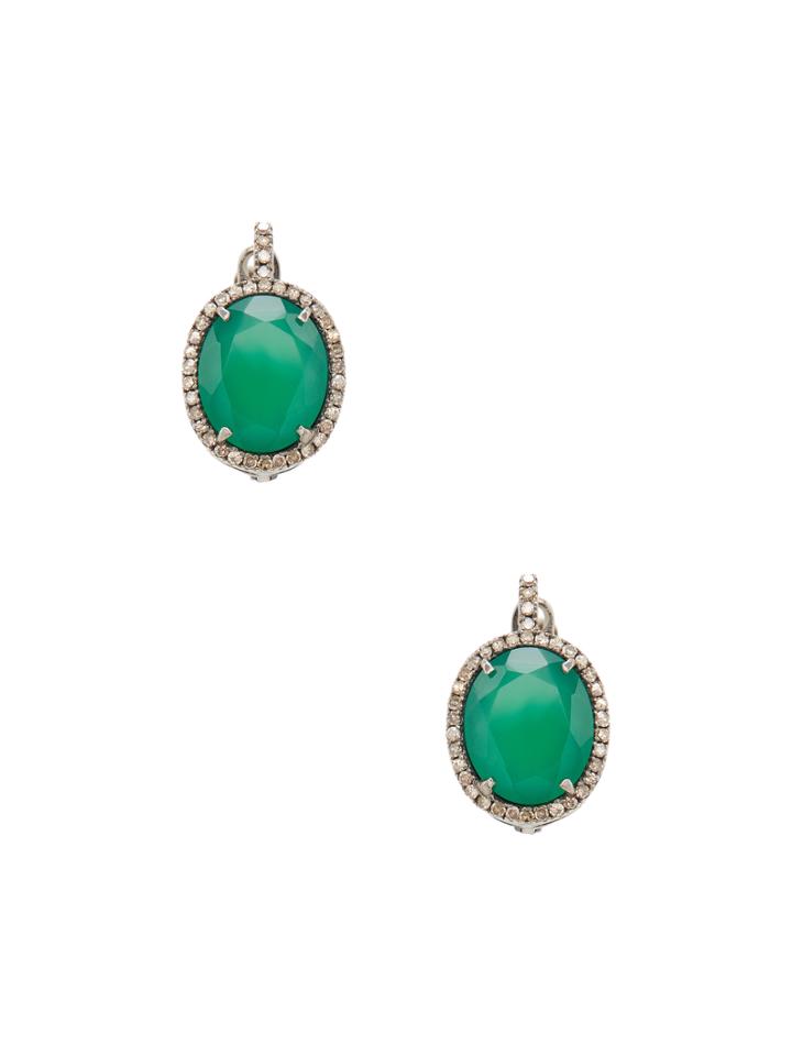 Karma Jewels Silver, Green Onyx & 0.57 Total Ct. Diamond Oval Drop Earrings