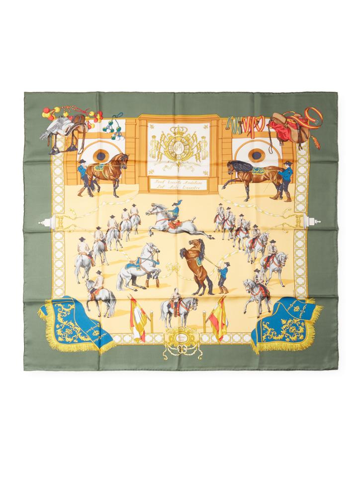 Vintage Herms Green Real Escuela Andaluza Del Arte Galere Silk Scarf, 35 X 35