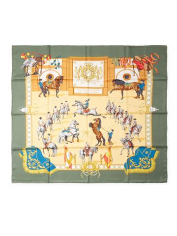 Vintage Herms Green Real Escuela Andaluza Del Arte Galere Silk Scarf, 35 X 35