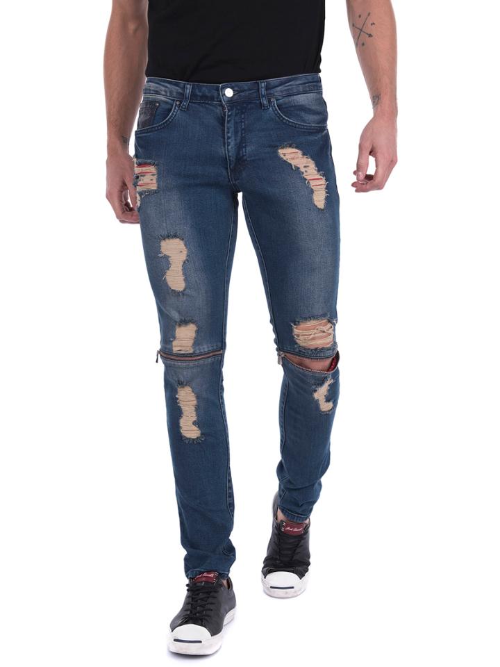 Ron Tomson Distressed Patch Zipper Jeans