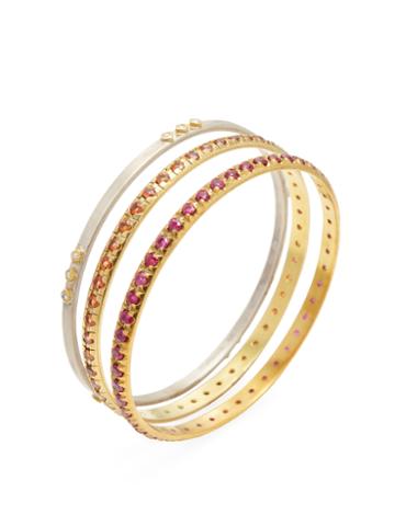 Suneera 18k Yellow Gold, Sterling Silver, Ruby, Orange Sapphire & 0.50 Total Ct. Diamond Bangle Bracelets Set Of 3