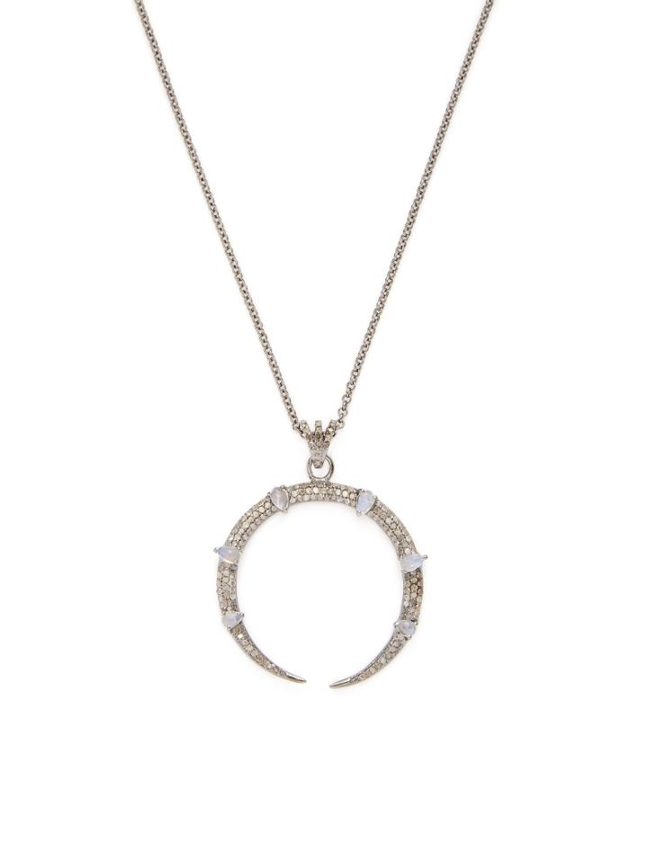 Bavna Sterling Silver, Rainbow Moonstone & 0.87 Total Ct. Champagne Diamond Crescent Pendant Necklace