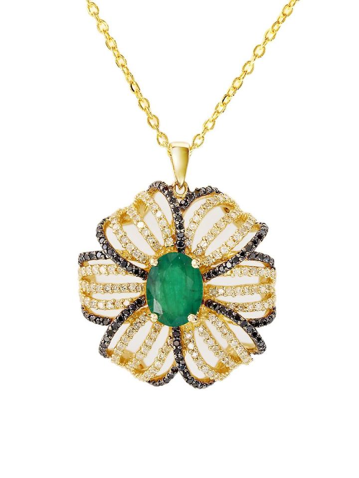 Effy White Diamond, Black Diamond & Emerald Floral Pendant Necklace