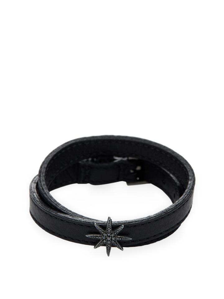 Mizuki Black Diamond Icicle Star & Black Leather Wrap Bracelet