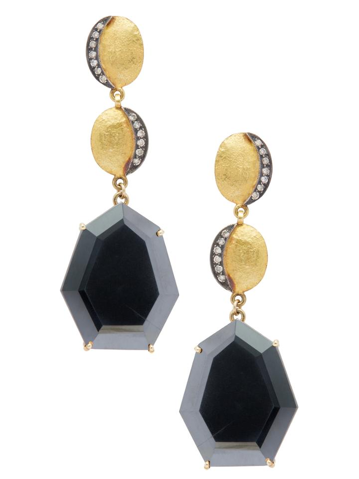 Suneera Dakini 18k Yellow Gold, Silver, Black Spinel & 0.10 Total Ct. Diamond Drop Earrings