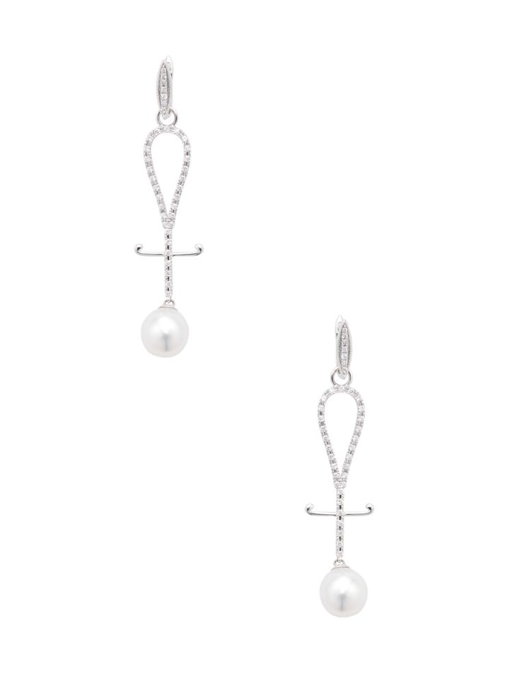 Tara Pearls 14k White Gold, South Sea Pearl & 0.66 Total Ct. Diamond Ankh Earrings