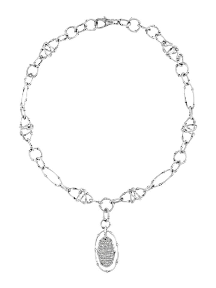 John Hardy Bamboo Silver & Pave Diamond Oval Pendant Necklace