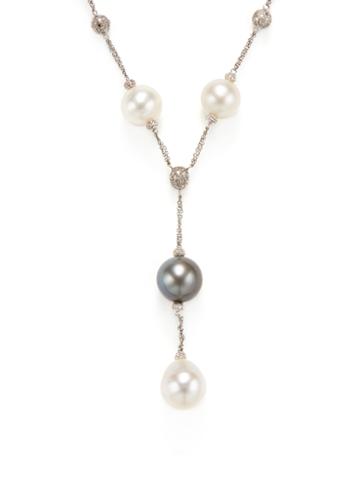 Vendoro 18k White Gold, Pearl & 4.25 Total Ct. Diamond Station Necklace