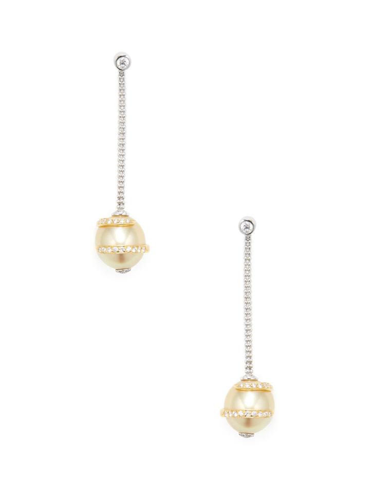 Tara Pearls 18k Two-tone Gold & 0.75 Total Ct. Diamond Caged Golden South Sea Pearl Earrings