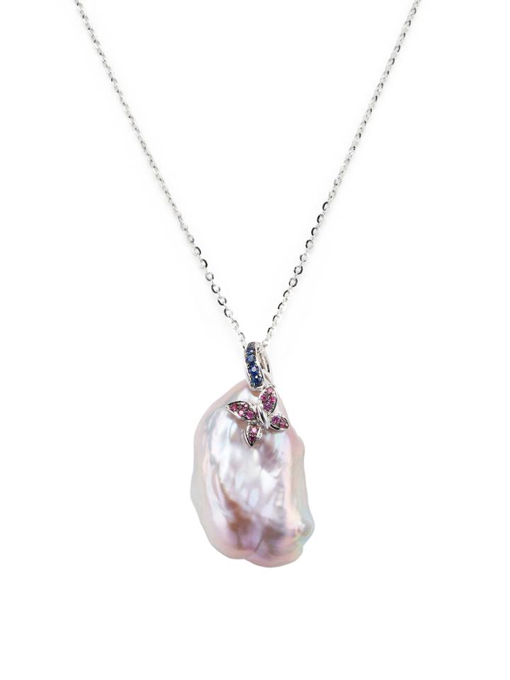 Tara Pearls 14k White Gold, Baroque Pearl & Sapphire Butterfly Pendant Necklace