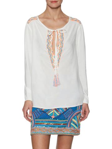 Pia Pauro Embroidered Peasant Top With Tassle