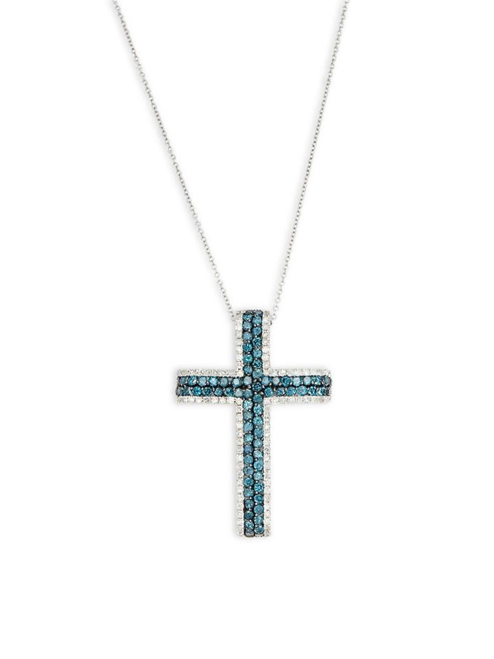 Effy Diamond, Blue Diamond & 14k White Gold Cross Pendant Necklace